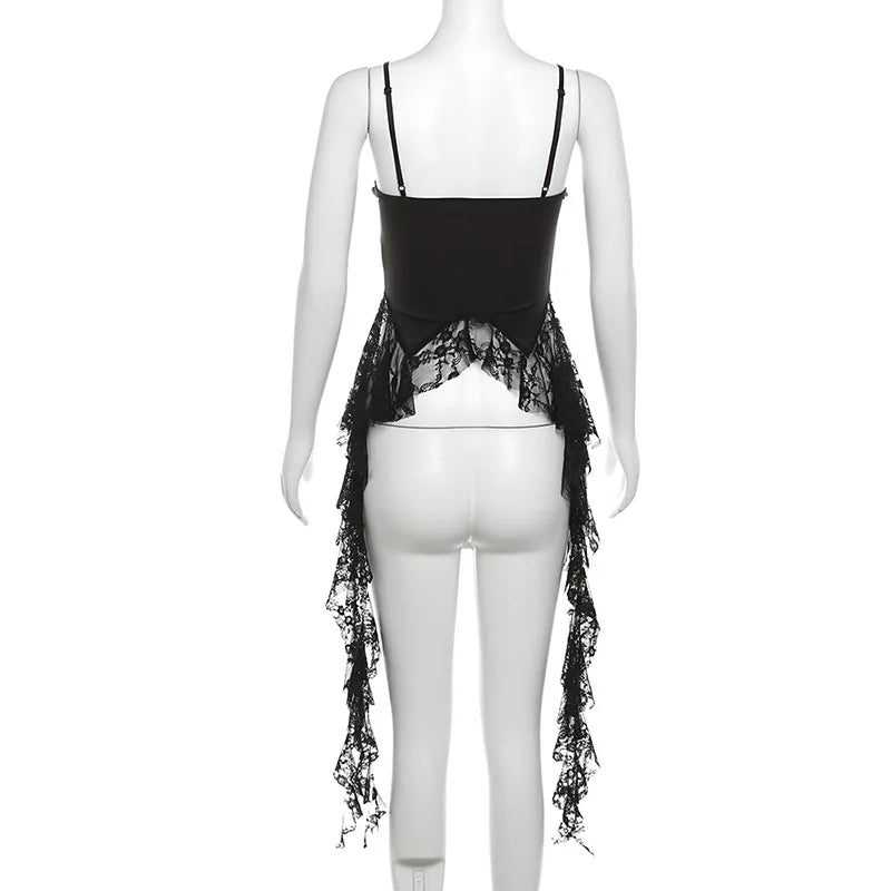 2025 Y2k Aesthetic Irregular Lace Ruffled Tank Top Women Sexy Skinny Design Corset Stretch Tube Streetwear Bandage Grunge Tanks