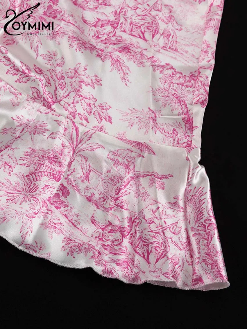 Oymimi Fashion Pink Print Women's Dress Elegant Three Quarter Sleeve Lace-Up Dresses Casual New Pleated Mini Dresses Streetwear