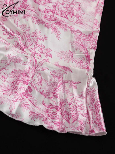 Oymimi Fashion Pink Print Women's Dress Elegant Three Quarter Sleeve Lace-Up Dresses Casual New Pleated Mini Dresses Streetwear