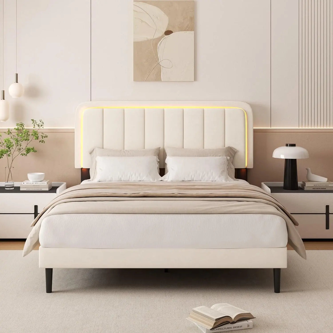 King Size Platform Bed Frame with LED Light,and Adjustable Upholstered Headboard
