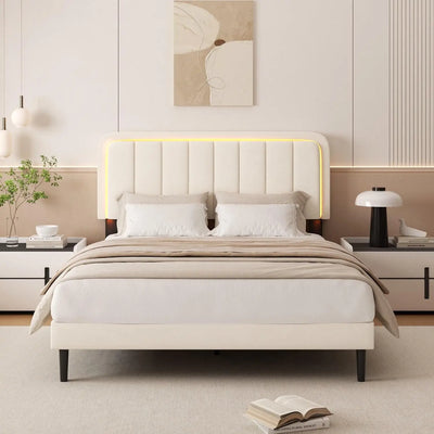 King Size Platform Bed Frame with LED Light,and Adjustable Upholstered Headboard