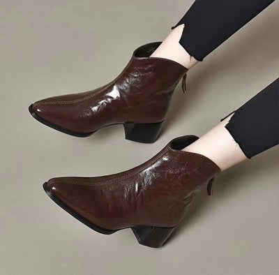 Female Short Shoes Pointed Toe Brown Fur Leather Booties Elegant with Medium Heels Women's Ankle Boots Sale Y2k Autumn Chic Boot
