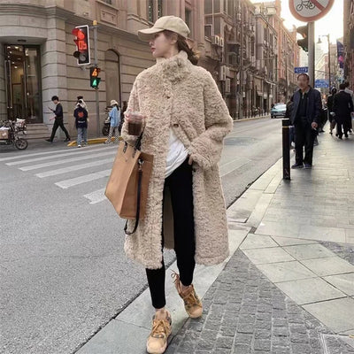 Lamb Wool Long Jackets Women Winter Warm Stand Collar Loose Fur Outerwear Y2K Korean Fashion Long Sleeve All Match Fake Fur Coat