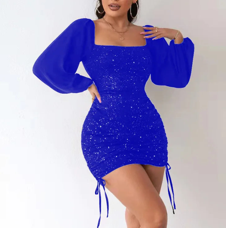 Women Summer Sexy Slim Fit Drawstring Square Collar Dress Long Sleeve High Waist Bodycon Mini Dress