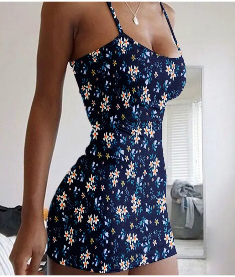 Plus Size Dresses Summer New Print Backless Slip Dress Women's Sexy Slim Floral Dress Mini Dresses Package Buttocks Short Skirt