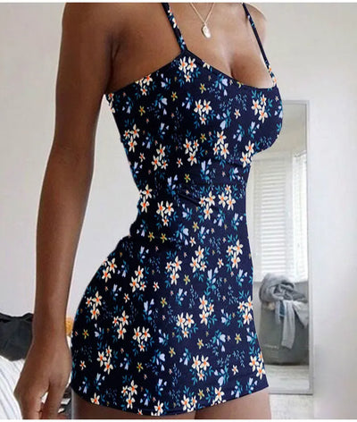 Plus Size Dresses Summer New Print Backless Slip Dress Women's Sexy Slim Floral Dress Mini Dresses Package Buttocks Short Skirt
