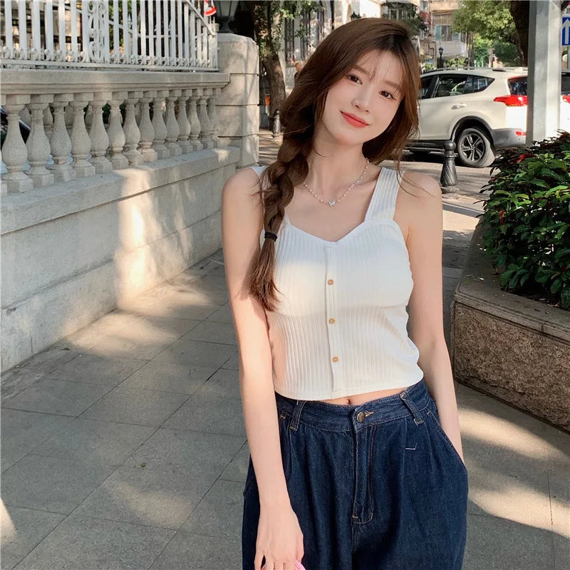 Women's Ribbed Tank Tops Y2K Cropped Tops with Bra Pads Knitted Button Down Suspenders Vest Sexy Camisole Female Short Tops