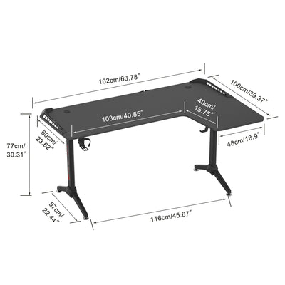 L Shape Corner Desk Game Table with 6 Colors RGB Light Headphone Hook and Cup Holder