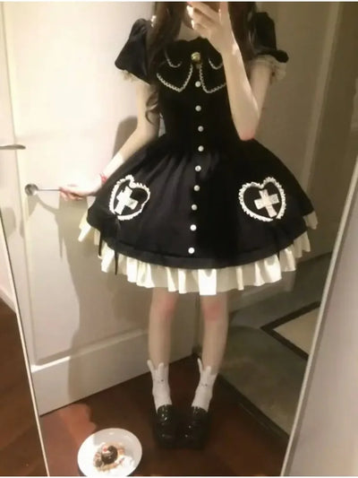 Vintage Gothic Black Lolita Dress Long Sleeve Women Retro Style Elegant Lace Ruffled Skirt Waist Fashion American Retro