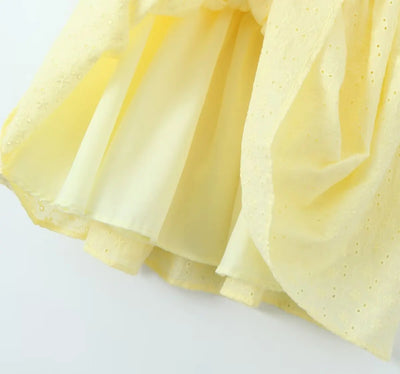 2024 Sexy Yellow Hollow out Embroidery Lace Cotton Corset Style Bow Sling Dress Women Low Waist Ball Gown Swing Mini Party Robe