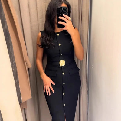 Women Long Dress Solid Color Summer Casual Slim Lady O-Neck Sleeveless Dresses Elegant Streetwear Female Button Up Belt Vestidos