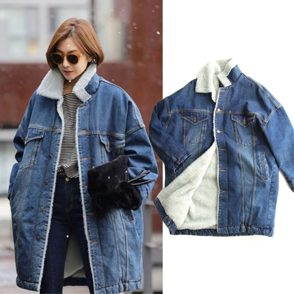 2024 Female jacket Women Warm Thick Winter Long Sleeve Denim Jacket Long Jean Coat Outerwear Women jacket Overcoat