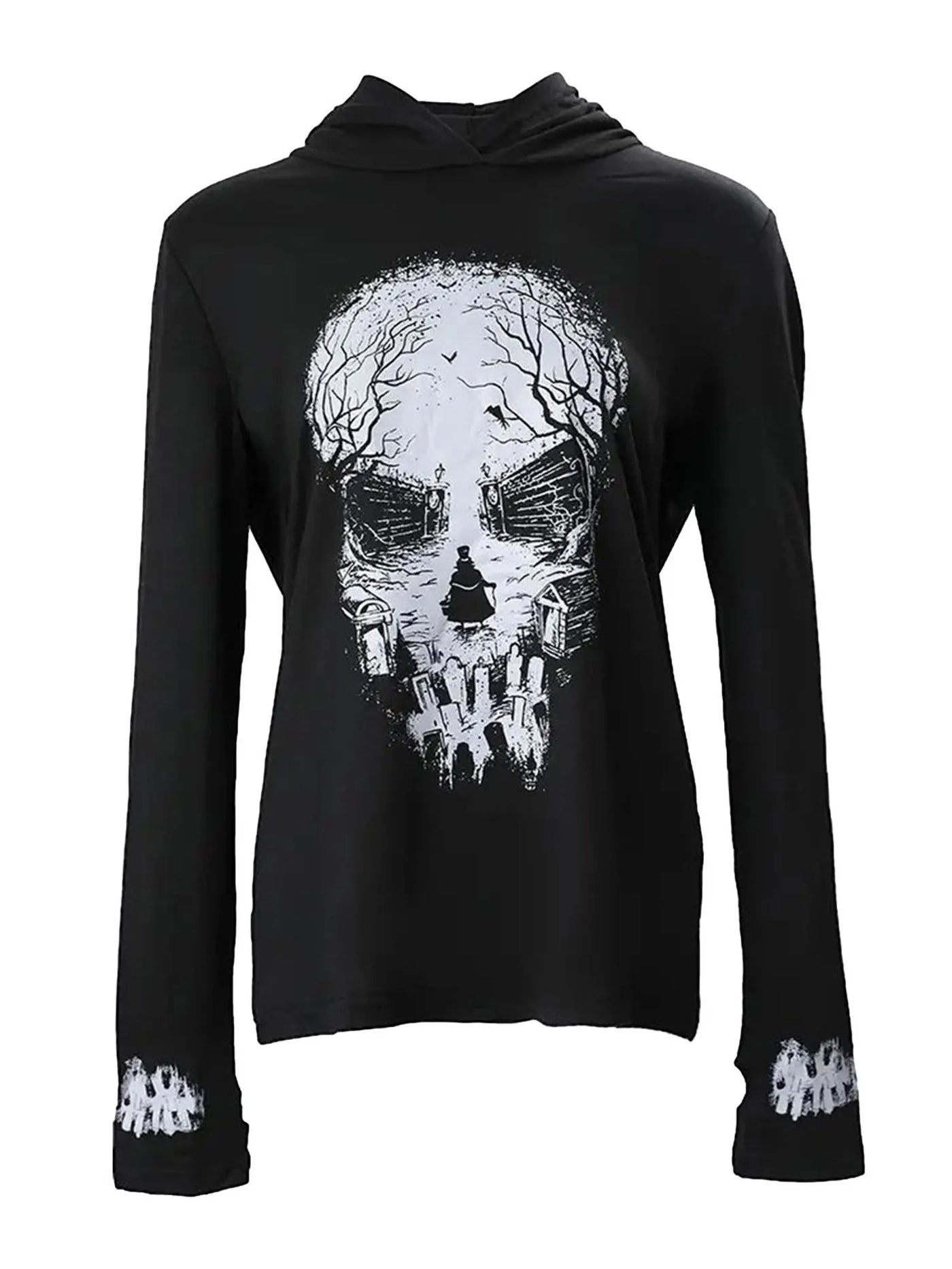 Women s Long Sleeve Halloween Skull Print Hooded Hoodies Shirts Spring Fall Casual Tops Streetwear Fashion Pullover Sweatshirt