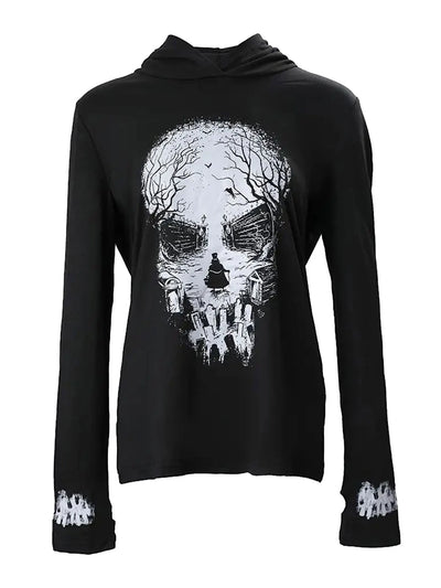 Women s Long Sleeve Halloween Skull Print Hooded Hoodies Shirts Spring Fall Casual Tops Streetwear Fashion Pullover Sweatshirt