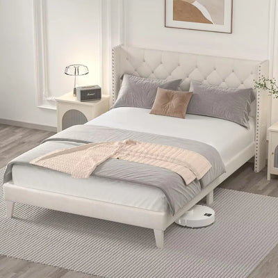 Queen Size Bed Frame with LED Lights, Upholstered Bed Frame with Wingback Diamond Tufted Headboard, Wood Slats Support
