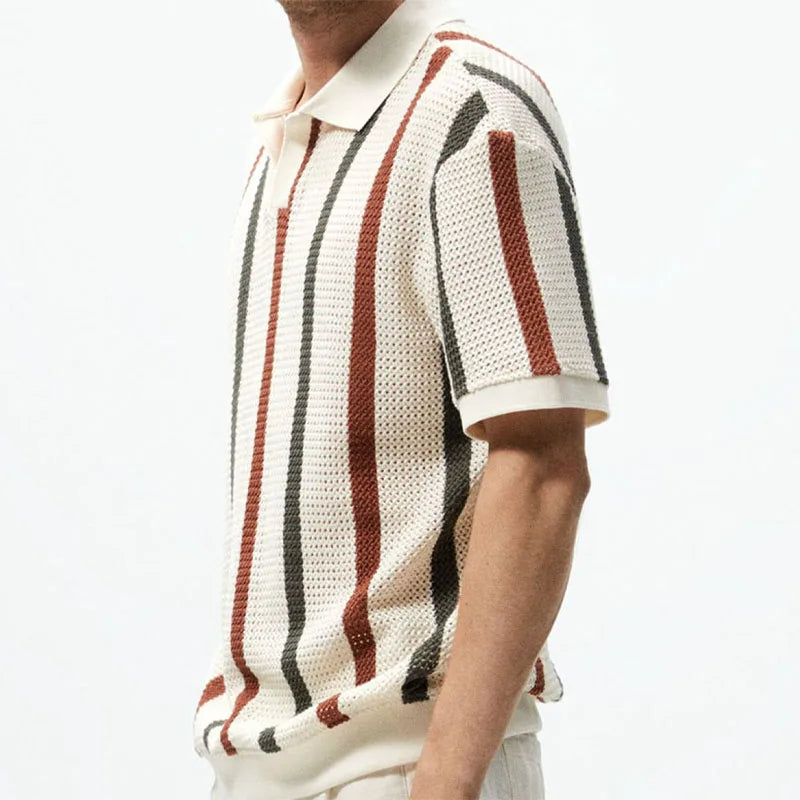 Men's Sexy See-through Knit Shirt Breathable Hollow Striped Shirt Summer New Men's Thin Coat Men's Clothing Hawaiian Shirt Tops