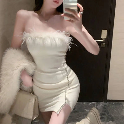 Strapless Dress Women Feather Collar Beaded Slit Birthday Party Wrapped Dresses