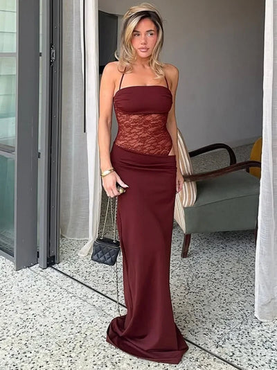 Sexy Bandage Mesh Patchwork Long Dress for Women Lace-up See-through Asymmetrical Evening Party Dresses Lady Gowns High Street