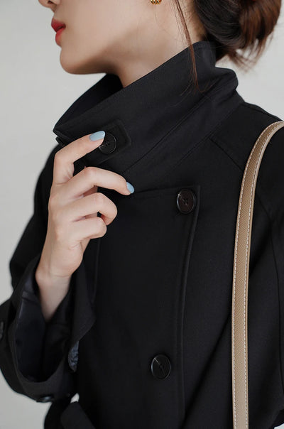Women Spring Fall Short Trench Coat Korean Style Loose Fit Casual Khaki Jacket Petite-Friendly Versatile and Stylish Outerwear