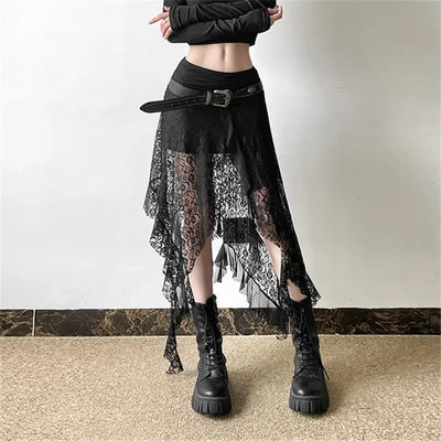 Y2K Goth Dark Irregular Hem Lace Patchwork Mid Skirts Women Streetwear Fairy Slim Pleat A-line Skirt Mall Goth Fashion Bottoms