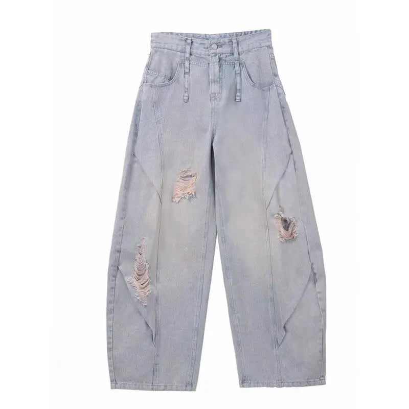 American Retro Washing Scimitar Jeans Men's High Street Vibe Ripped Design Wide-leg Trousers Handsome Casual Pants Jeans for Man
