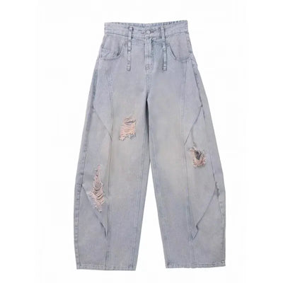 American Retro Washing Scimitar Jeans Men's High Street Vibe Ripped Design Wide-leg Trousers Handsome Casual Pants Jeans for Man