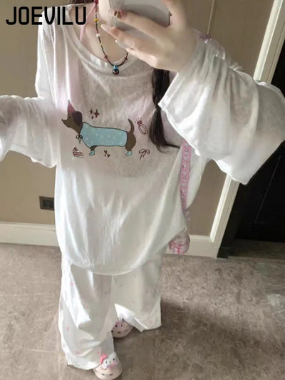 Women's Summer White Sheer Dachshund Print Loose Slim-Fit Long Sleeve T-Shirt Sun Protection Cover-Up Sweet Sexy Casual Lazy Top