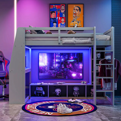 Full size bed frame Gaming Loft Bed with Desk, Multi-storage Shelves, LED and a Hanging Clothes Rack, Gray