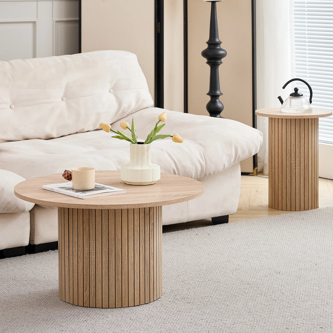 Set of 2 Nordic Style Wooden Round Coffee Table Set, Wooden Nesting Coffee Table, for Living Room/Bedroom Furniture