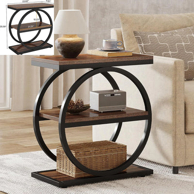End Table for Living Room, 3-Tier Narrow Side Table with Storage, Wood Sofa Side Table with Geometric Metal Frame for Bedroom