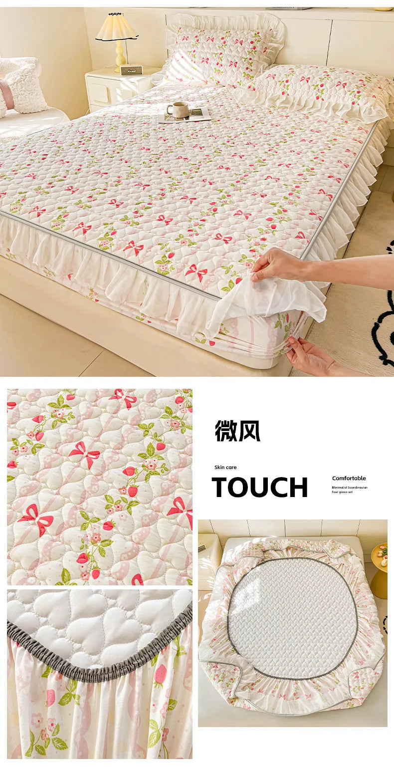 2025 New Single Bed Hat Korean Lace Bed Sheet Cover Chiffon Princess Wind Ins Cotton Four Seasons Bedspread Protective Cover