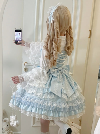 Original Lolita Dress Set Doll Feeling Girl Women's Sweet Jsk Suspender Dress Princess Fairy Lace Bow Sling Cake Dresses