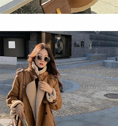 2024 Autumn Winter New Medium Long Double-breasted Lambswool Suede Woolen Coat Women Add Velvet Padded Warm Fur One Woolen Coats