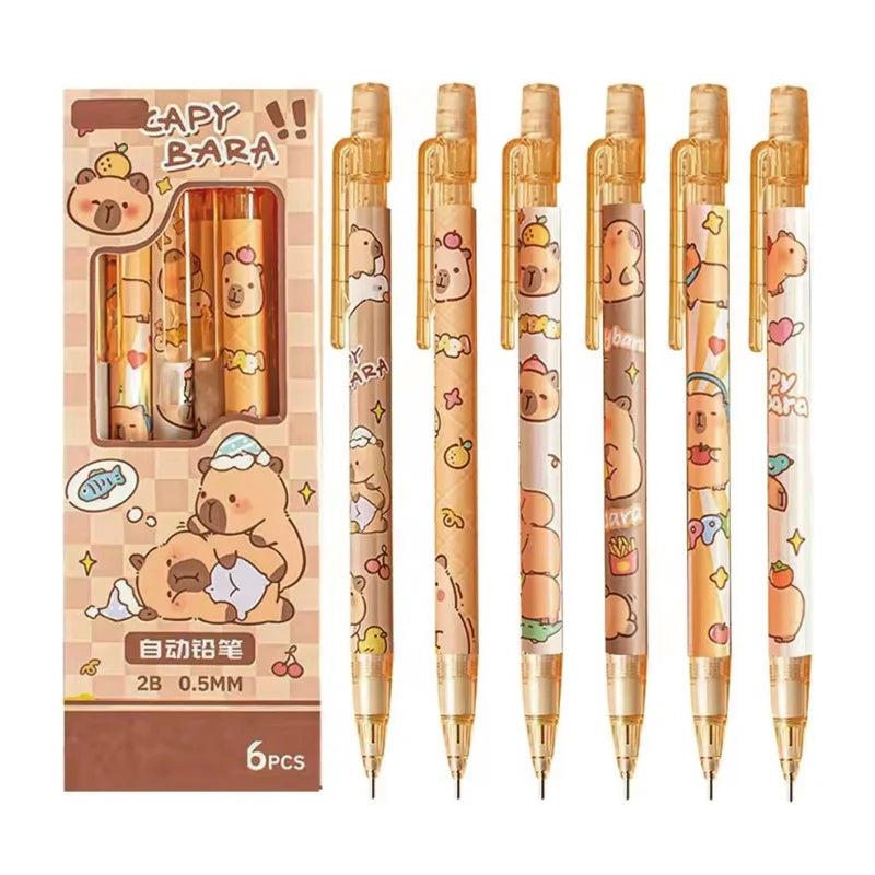 6Pcs/Set Cute Mechanical Pencils 0.5mm 2B Capybara Cartoon Auto Pencil with Eraser for Kids Students School Writing Supplies