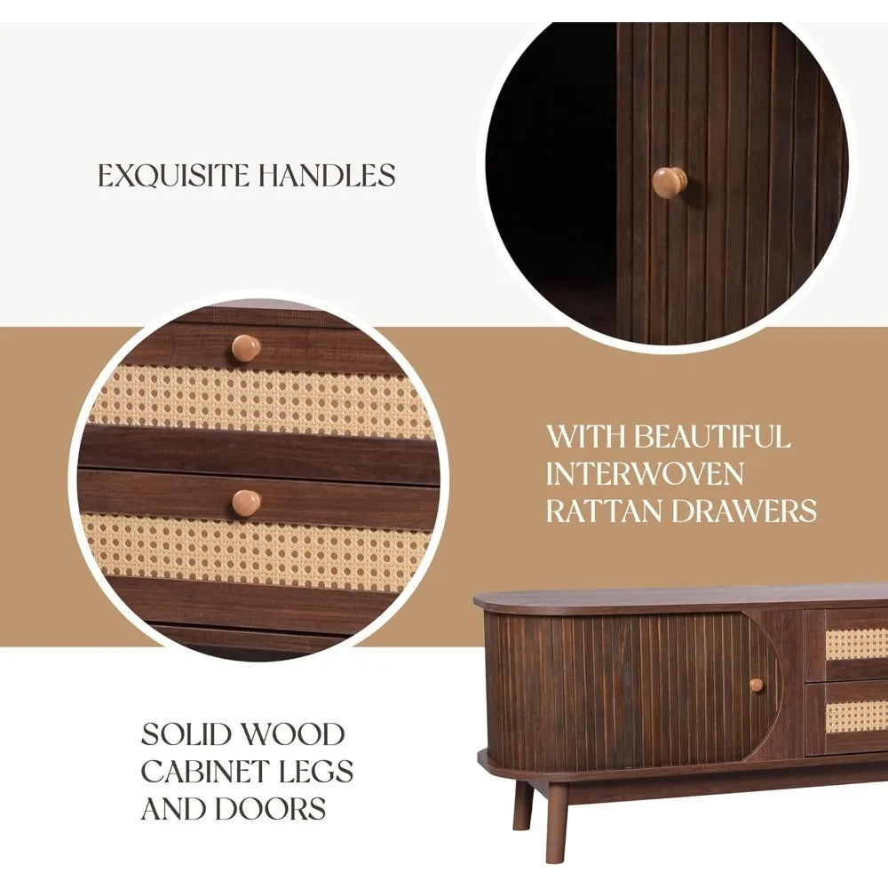 Modern Fluted TV Stand for 75" TVs – Mid-Century Entertainment Center with Tambour Door & Rattan-Fronted Media Console