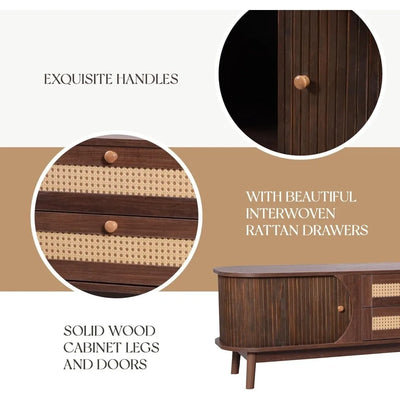 Modern Fluted TV Stand for 75" TVs – Mid-Century Entertainment Center with Tambour Door & Rattan-Fronted Media Console