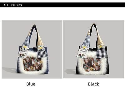 Y2g Cute Funny Stylish Niche Style Patchwork Stuffed Fur Bag College Student Work Clothing Cartoon Canvas Shoulder Bag