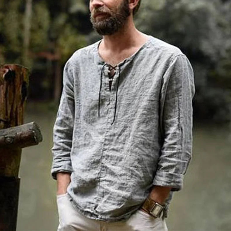 Cotton Linen Drawstring T Shirt Men's V Neck Blouse Solid Color Long Sleeves Casual Cool Tops Vikings Costume For Men M-6XL