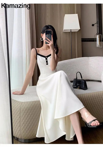 Elegant Solid Midi Dress 2 Piece Set Office Lady Chic Suit Spring Short Jacket Sleveless A-line Dresses Outfits Korean Clothes
