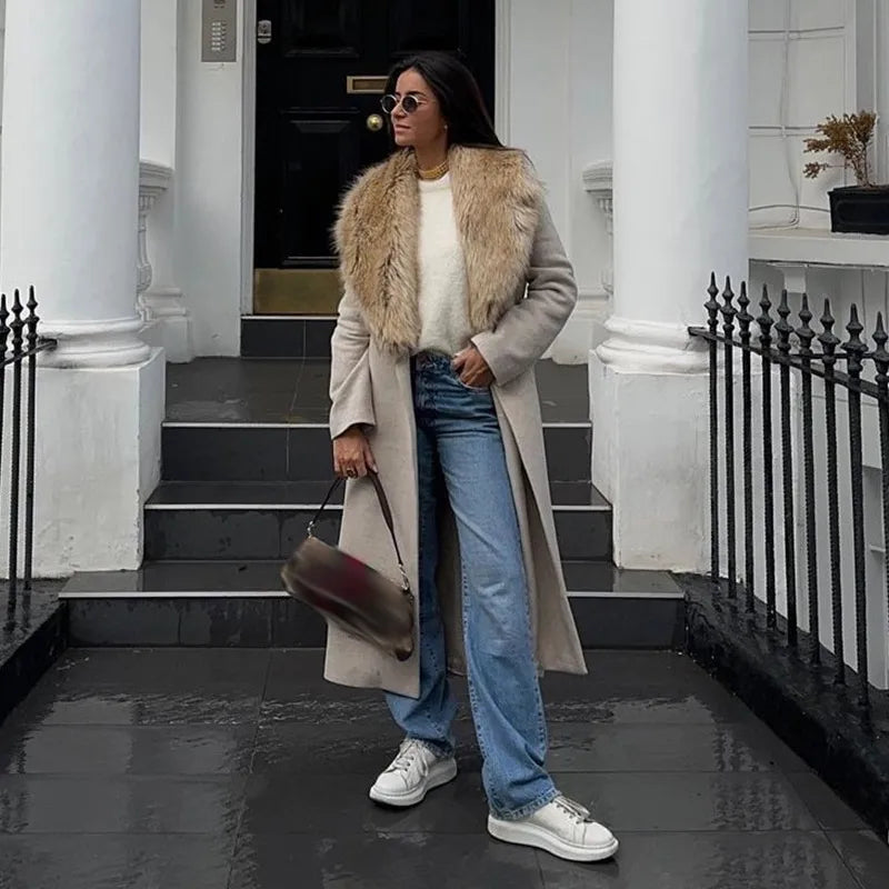 Elegant Fur Lapel Long Coat Women With Belt Woolen Full Sleeve Lace Up Loose Thicken Overcoat 2025 Spring Solid Pocket Outwear