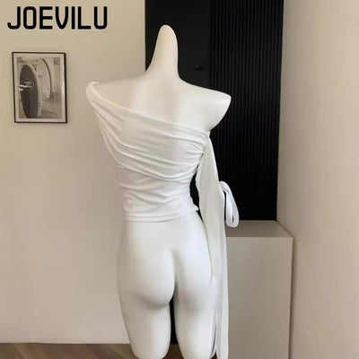 2025 New Sexy Off Shoulder Tops Women Ruffle Sleeve Asymmetric Slim Fit Short Sleeve T-Shirt Y2K Summer Fashion Elegant Clothes