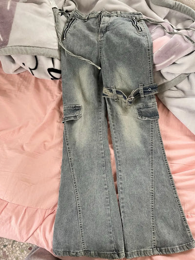 Y2K Patchwork Cargo Jeans Women High Waist Flared Denim Pants Buckle Strap Lace-Up Design Streetwear Retro Bell Bottom Trousers