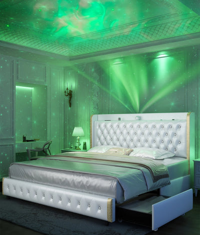 Queen LED Bed Frame with Galaxy Projector, Bluetooth Speaker, USB Ports, 4 Drawers, No Box Spring Needed, PU Black