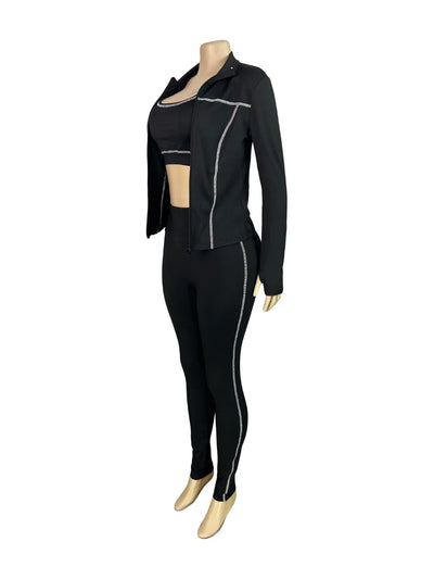 FLARORA Casual Sporty Three Piece Sets Woman Stripe Patchwork Sleeveless Vest+Jacket+Pant Outfits Female Yoga Fitness Tracksuits