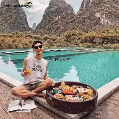 Bali Rattan Tray Swimming Pool Floating Rattan Tray Breakfast Afternoon Tea Dinner Plate Hotel Rattan Basket