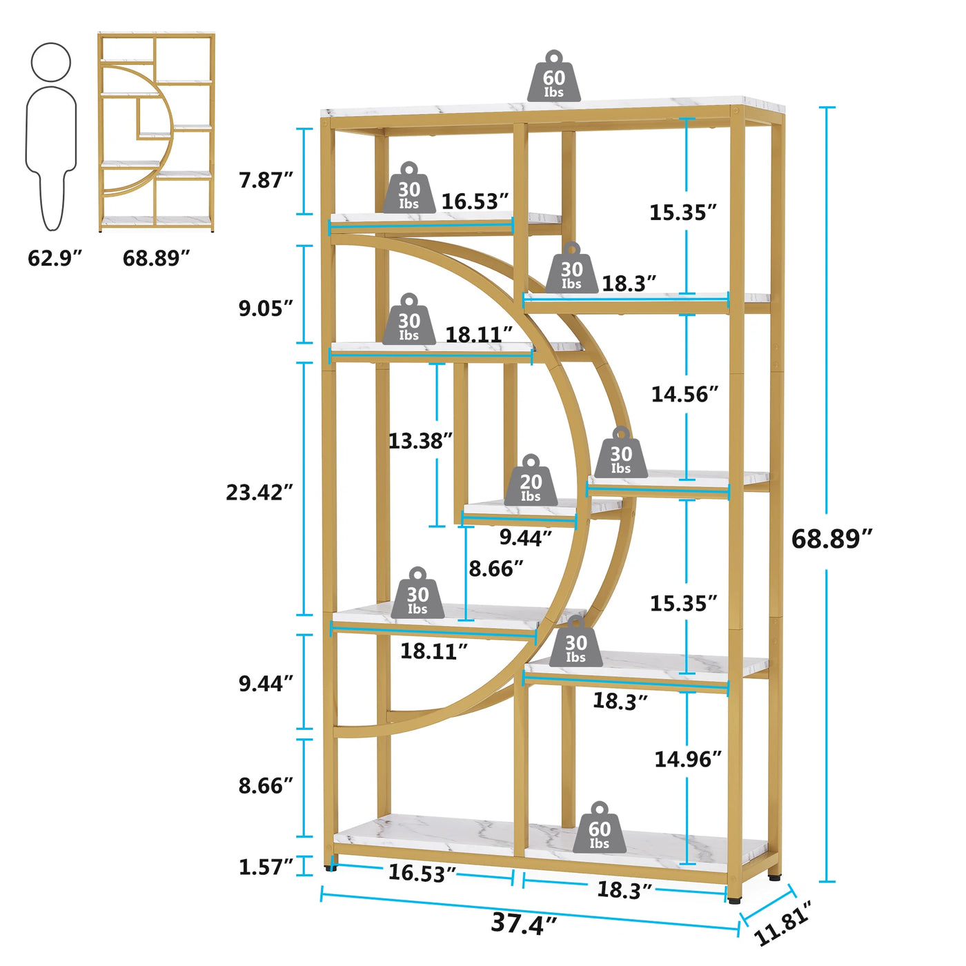 Bookshelf Industrial 5 Tier Etagere Bookcase, Freestanding Tall Bookshelves Display Shelf Storage Organizer