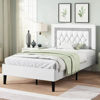 Frame with Tufted Button Headboard, Upholstered Platform Bed Frame with Diamond Design, Wood Slat Support