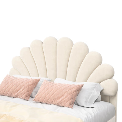 Double bed 140x200 cm, upholstered bed with flower-shaped headboard and slatted frame, stable bed frame, children's bed