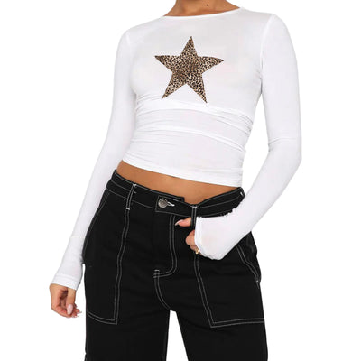 Women's Summer Slim Cropped Tops Leopard Star Print Long Sleeve Round Neck Show Navel T-Shirt