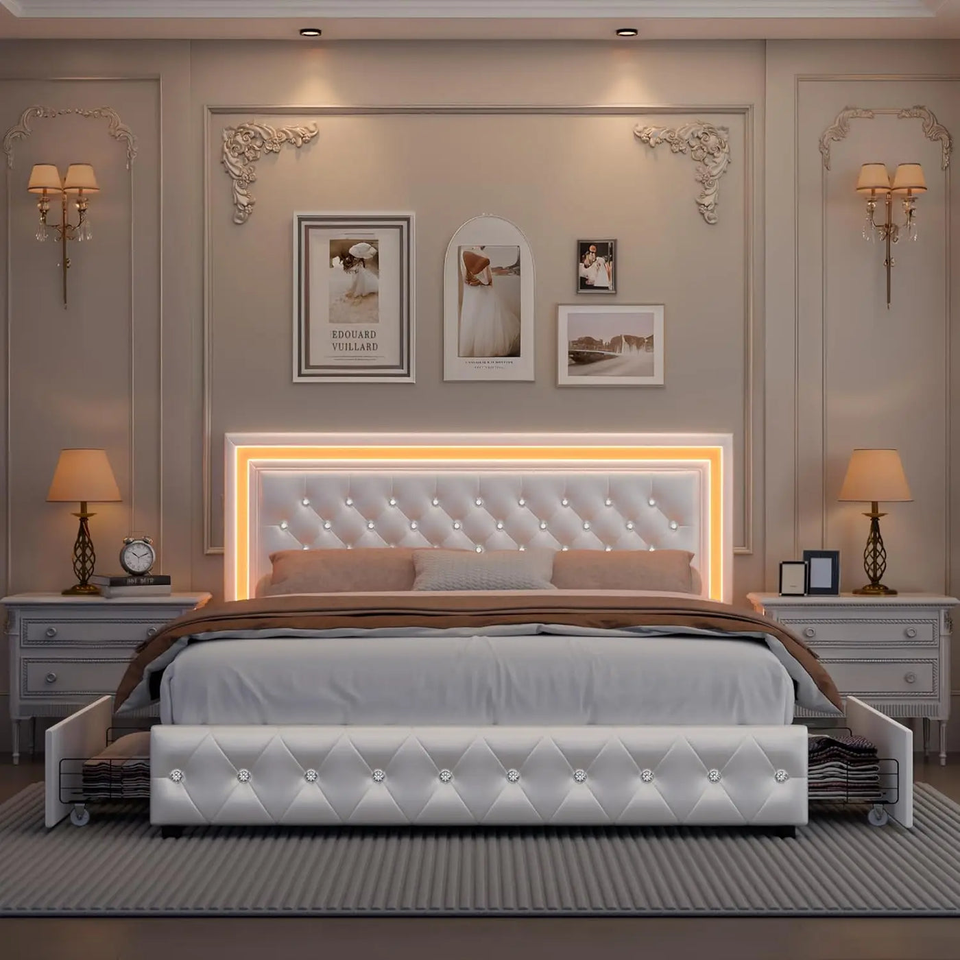 Queen LED Bed Frame, Upholstered Bed with 4 Drawers, Adjustable Upholstered Headboard Diamond Bed Frame, No Box Spring Needed